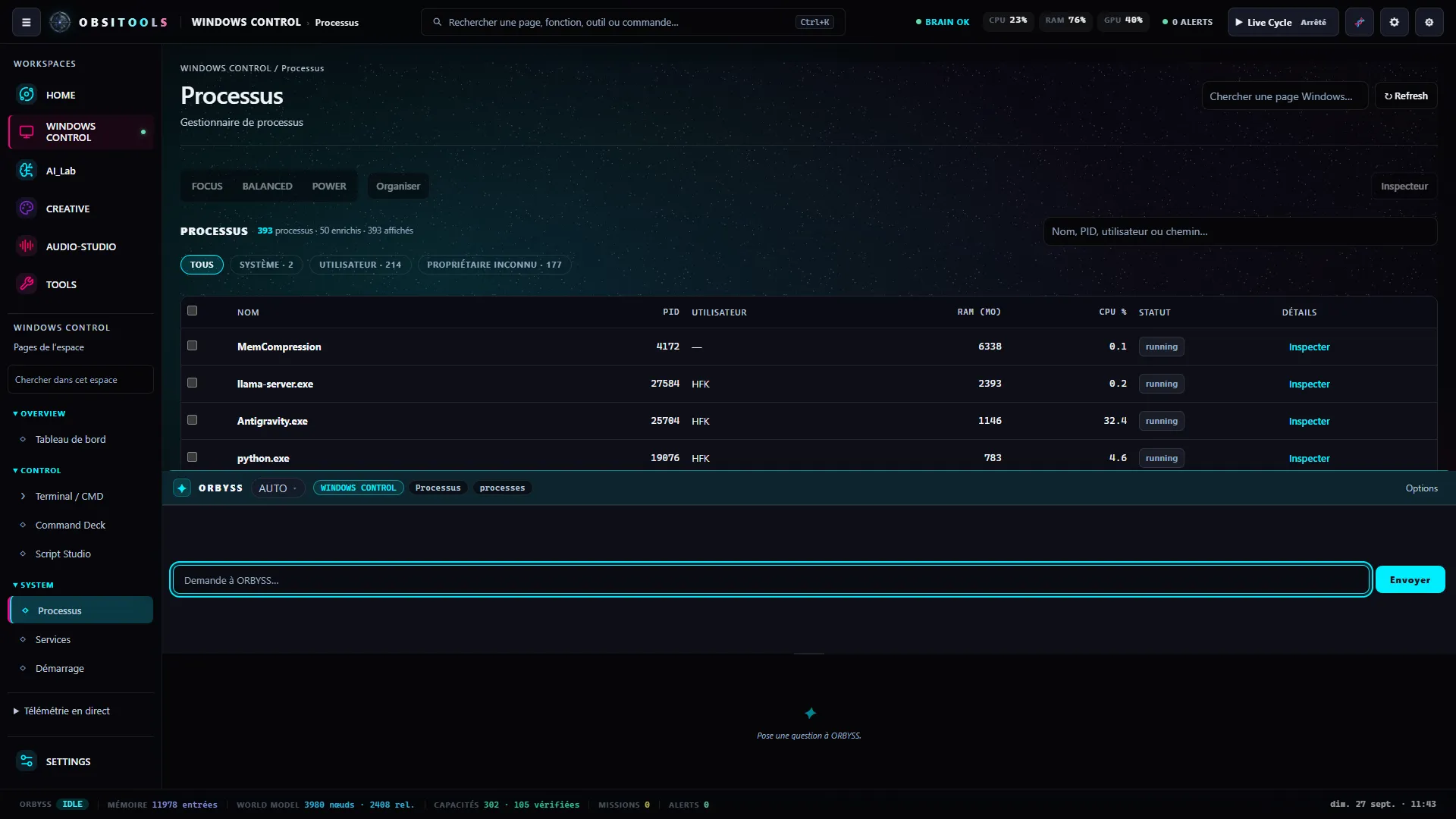 Table de processus avec PID, utilisateur, RAM, CPU et bouton Inspecter